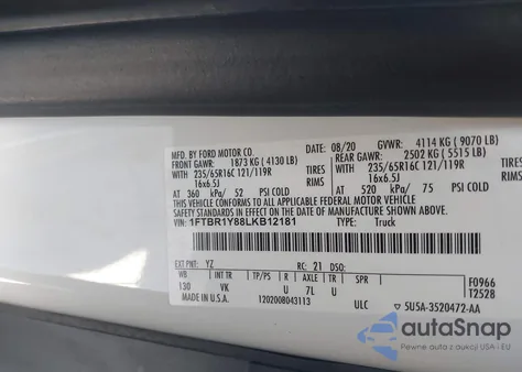 2020 Ford Transit-250 z USA, uszkodzony, nr VIN 1FTBR1Y88LKB12181